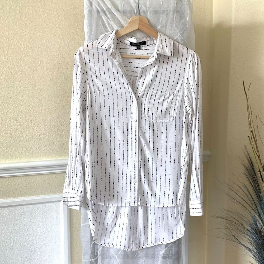 White & Black Abstract Stripe Button Up Shirt High-Low Hem